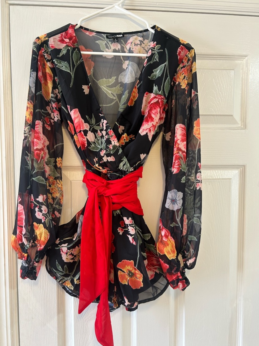 Fashion Nova Black Sheer Floral Wrap Top with Red Waist Tie